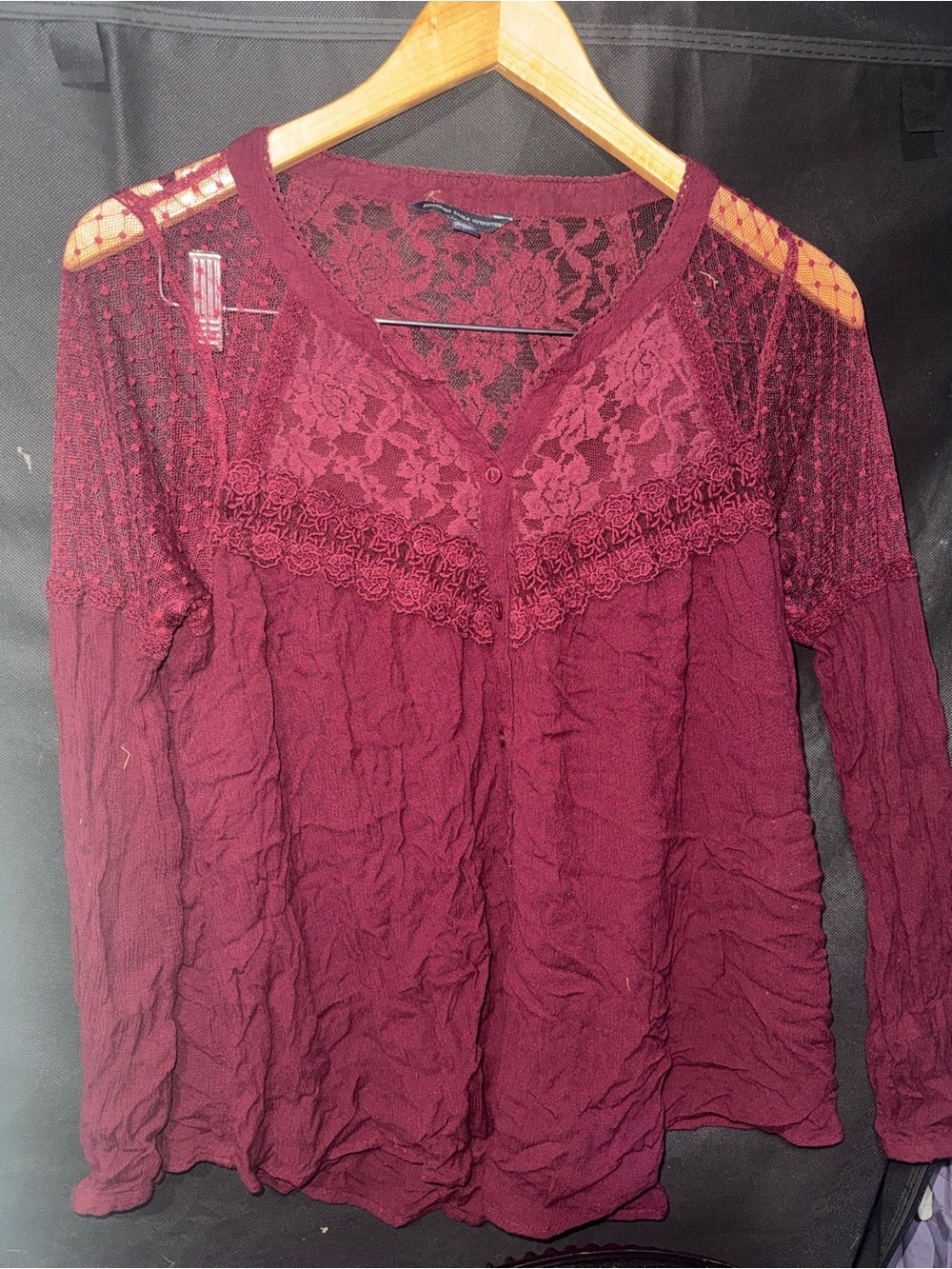 American Eagle Outfitters Burgundy Lace Yoke Long Sleeve Top
